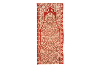 Lot 212 - FOUR LARGE MUGHAL-STYLE SILK-EMBROIDERED FELT WOOL PANELS ON A RED GROUND