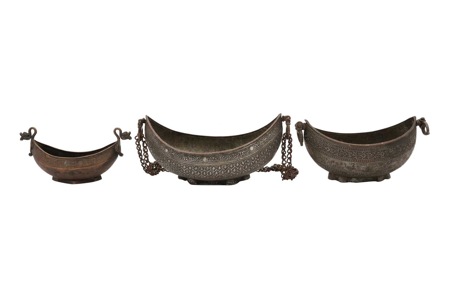 Lot 41 - A GROUP OF THREE METAL BEGGING BOWLS (KASHKULS)