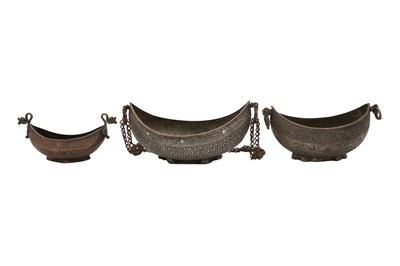 Lot 41 - A GROUP OF THREE METAL BEGGING BOWLS (KASHKULS)