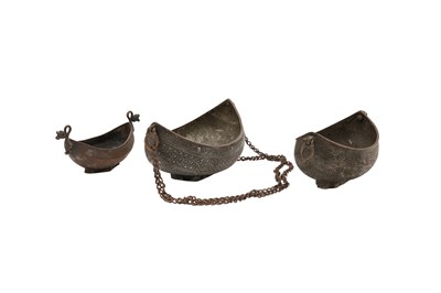 Lot 41 - A GROUP OF THREE METAL BEGGING BOWLS (KASHKULS)