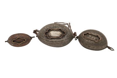 Lot 41 - A GROUP OF THREE METAL BEGGING BOWLS (KASHKULS)