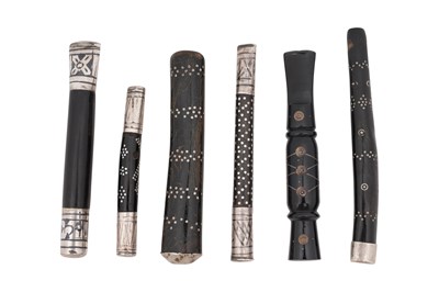 Lot 228 - A GROUP OF SIX WOOD AND SILVER NIELLOED DECORATED MOUTHPIECES