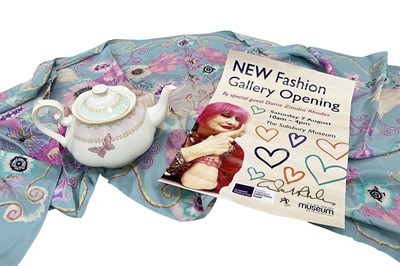 Lot 164 - ZANDRA RHODES SILK SCARF AND ROYAL ALBERT CHINA TEAPOT WITH SIGNED POSTER (THREE)