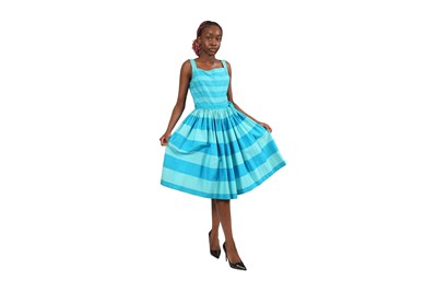 Lot 17 - YOUNG JAEGER RARE TURQUOISE AND TEAL STRIPED STRIPED COTTON DRESS