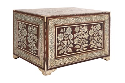 Lot 252 - λ A MUGHAL IVORY-INLAID WOODEN FALL-FRONT CABINET
