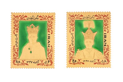 Lot 145 - TWO IRANIAN GOLD ENAMEL COMMEMORATIVE COIN-STAMPS