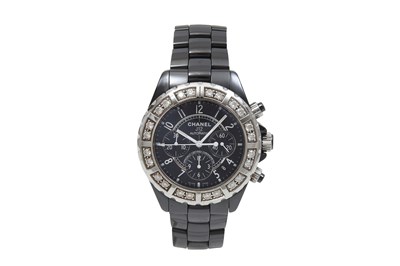 AN OVERSIZE CHANEL UNISEX BLACK CERAMIC AUTOMATIC CHRONOGRAPH BRACELET WATCH.
