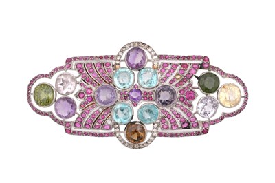 Lot 23 - A LARGE ART DECO STYLE 18CT WHITE GOLD MULTI STONE SET BROOCH