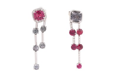 Lot 44 - AN 18CT WHITE GOLD, DIAMOND, PINK AND PALE BLUE STONE DROP EARRINGS