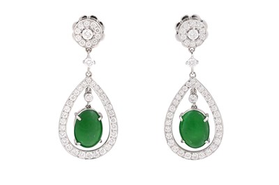 Lot 40 - A PAIR OF 18CT WHITE GOLD, JADE AND DIAMOND DROP EARRINGS