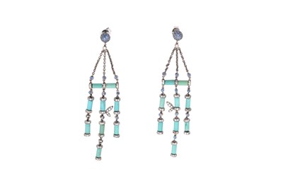 Lot 39 - A PAIR OF 18CT WHITE GOLD, SAPPHIRE, DIAMOND AND TURQUOISE DROP EARRINGS