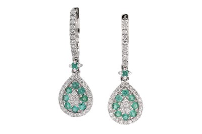 Lot 43 - A PAIR OF 18CT WHITE GOLD, EMERALD AND DIAMOND CLUSTER DROP EARRINGS