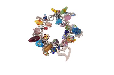 Lot 224 - A HAND-PAINTED ARTISAN MADE GLASS AND 925 SILVER CHARM BRACELET