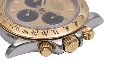 Lot 6 - AN ELEGANT MEN’S ROLEX STAINLESS STEEL AND 18K GOLD AUTOMATIC CHRONOGRAPH BRACELET WATCH.