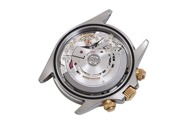 Lot 6 - AN ELEGANT MEN’S ROLEX STAINLESS STEEL AND 18K GOLD AUTOMATIC CHRONOGRAPH BRACELET WATCH.