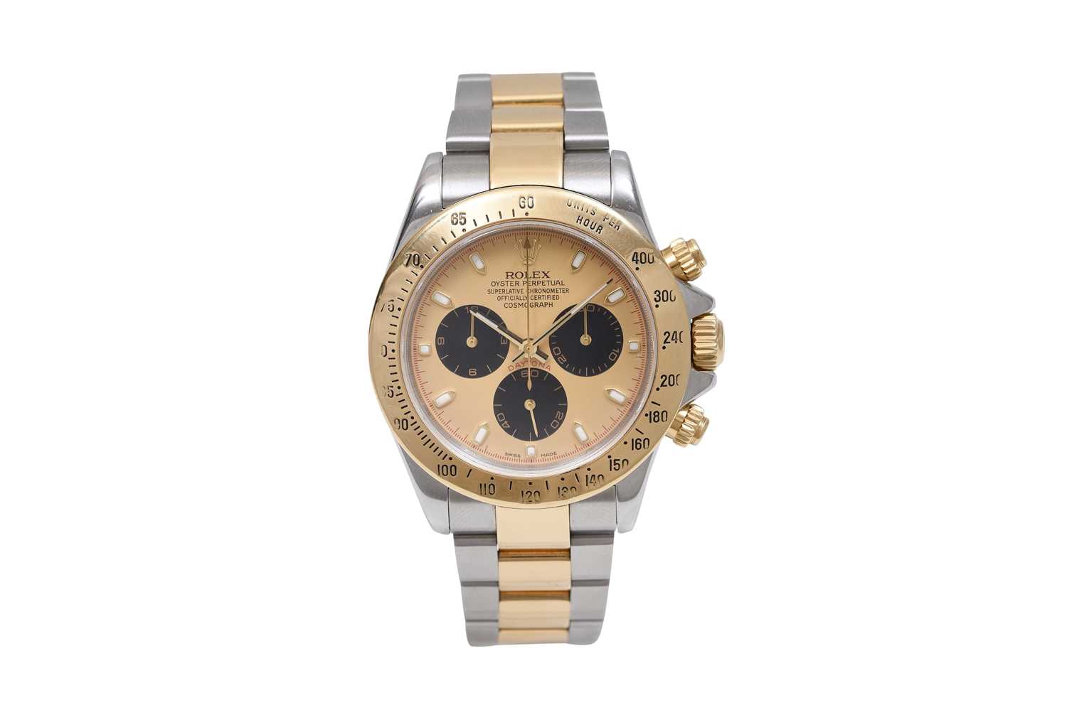 Lot 6 - AN ELEGANT MEN’S ROLEX STAINLESS STEEL AND 18K GOLD AUTOMATIC CHRONOGRAPH BRACELET WATCH.