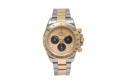 Lot 6 - AN ELEGANT MEN’S ROLEX STAINLESS STEEL AND 18K GOLD AUTOMATIC CHRONOGRAPH BRACELET WATCH.