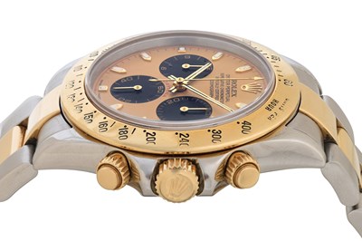 Lot 6 - AN ELEGANT MEN’S ROLEX STAINLESS STEEL AND 18K GOLD AUTOMATIC CHRONOGRAPH BRACELET WATCH.