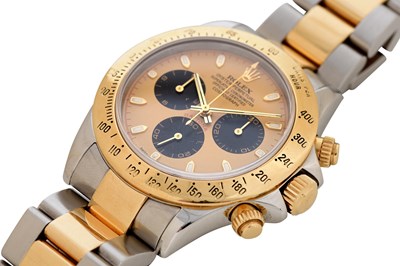 Lot 6 - AN ELEGANT MEN’S ROLEX STAINLESS STEEL AND 18K GOLD AUTOMATIC CHRONOGRAPH BRACELET WATCH.
