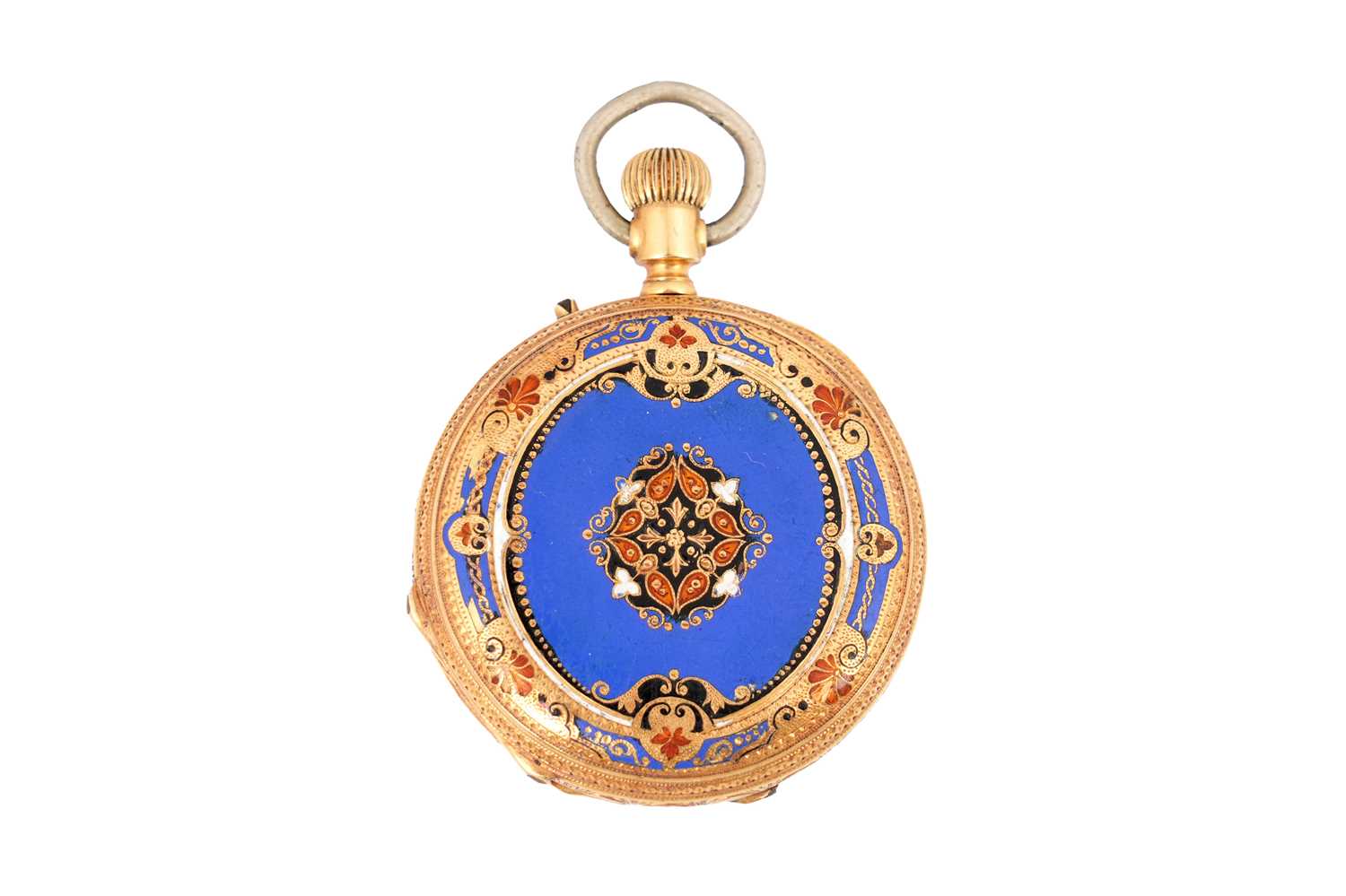 Lot 1 - A SWISS 18CT GOLD AND ENAMEL FULL HUNTER FOB WATCH