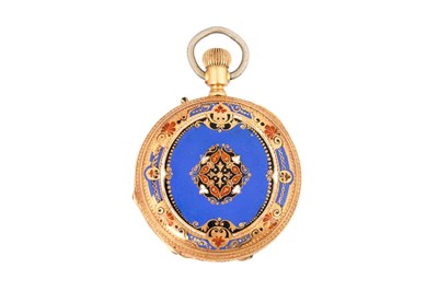 Lot 1 - A SWISS 18CT GOLD AND ENAMEL FULL HUNTER FOB WATCH