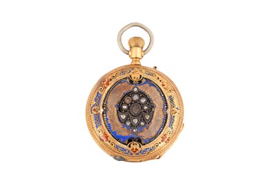 Lot 1 - A SWISS 18CT GOLD AND ENAMEL FULL HUNTER FOB WATCH