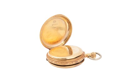 Lot 1 - A SWISS 18CT GOLD AND ENAMEL FULL HUNTER FOB WATCH