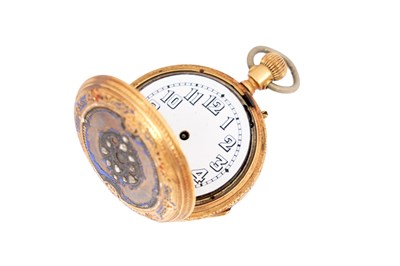 Lot 1 - A SWISS 18CT GOLD AND ENAMEL FULL HUNTER FOB WATCH