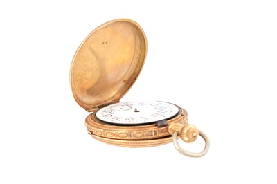 Lot 1 - A SWISS 18CT GOLD AND ENAMEL FULL HUNTER FOB WATCH