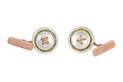 Lot 15 - A PAIR OF 9CT ROSE GOLD AND ENAMEL BUTTON CUFFLINKS