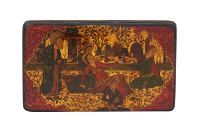 Lot 160 - A PAPIER-MÂCHÉ SNUFF BOX WITH PERSIAN-STYLE ORIENTALIST SCENE