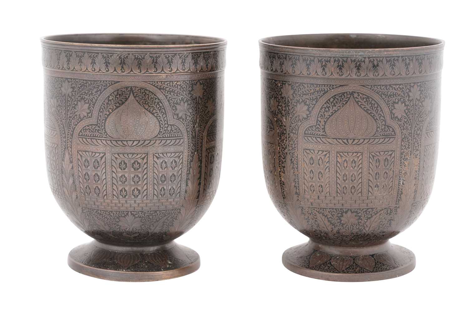 Lot 46 - A PAIR OF NIELLOED METAL URN VASES