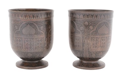 Lot 46 - A PAIR OF NIELLOED METAL URN VASES