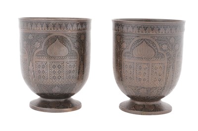 Lot 46 - A PAIR OF NIELLOED METAL URN VASES