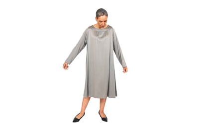 Lot 73 - DRIES VAN NOTEN SILVER-GREY SATIN DRAPED DRESS