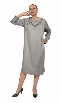 Lot 91 - A DRIES VAN NOTEN SILVER-GREY SATIN DRAPED DRESS
