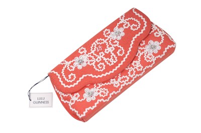 Lot 141 - LULU GUINNESS EMBROIDERED ORANGE SUMMER CLUTCH AND MAKEUP BAG (TWO)
