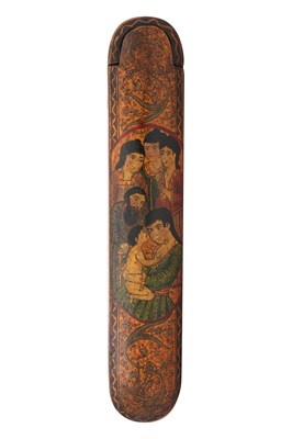 Lot 152 - A QAJAR LACQUER PAPIER-MÂCHÉ PEN CASE (QALAMDAN) WITH THE HOLY FAMILY