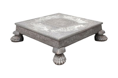 Lot 140 - A MONUMENTAL WOODEN FOOTSTOOL OVERLAID WITH CHASED SILVER