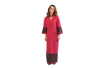 Lot 46 - FRANK USHER RASPBERRY WOOL MAXI DRESS WITH LACE PANELS