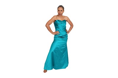 Lot 90 - A VICKY TIEL COUTURE TURQUOISE SATIN EVENING DRESS, BERGDORF GOODMAN