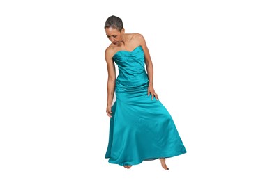 Lot 90 - A VICKY TIEL COUTURE TURQUOISE SATIN EVENING DRESS, BERGDORF GOODMAN