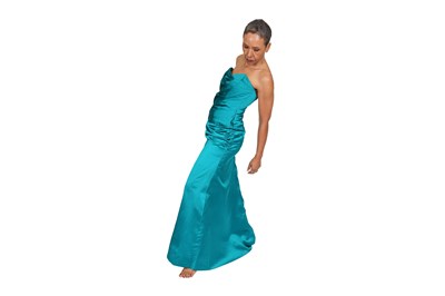 Lot 90 - A VICKY TIEL COUTURE TURQUOISE SATIN EVENING DRESS, BERGDORF GOODMAN