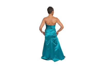 Lot 90 - A VICKY TIEL COUTURE TURQUOISE SATIN EVENING DRESS, BERGDORF GOODMAN