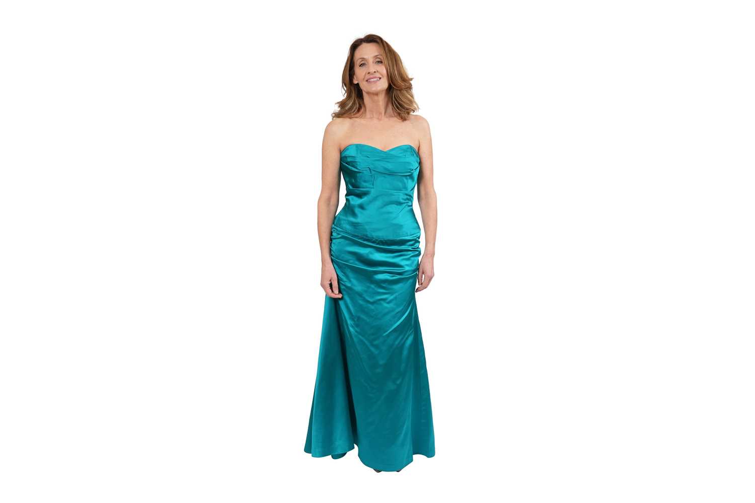 Lot 90 - A VICKY TIEL COUTURE TURQUOISE SATIN EVENING DRESS, BERGDORF GOODMAN