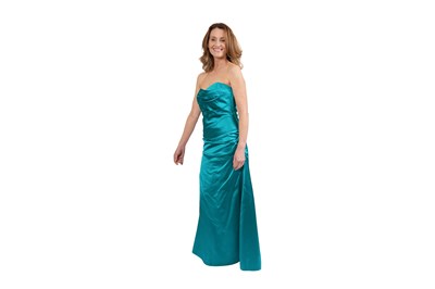 Lot 90 - A VICKY TIEL COUTURE TURQUOISE SATIN EVENING DRESS, BERGDORF GOODMAN