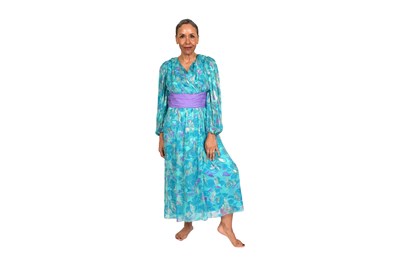 Lot 43 - DONALD CAMPBELL TURQUOISE AND PURPLE CHIFFON COCKTAIL DRESS WITH DRAPED BODICE AND WAIST SASH