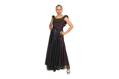 Lot 47 - JEAN VARON BY JOHN BATES BLACK SHEER EVENING DRESS WITH CONTRAST RUFFLED NECKLINE