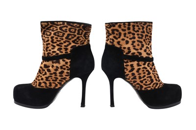 Lot 110 - AN YVES SAINT LAURENT 'TRIBUTE PLATFORM' LEOPARD PONY HAIR AND SUEDE ANKLE BOOTS