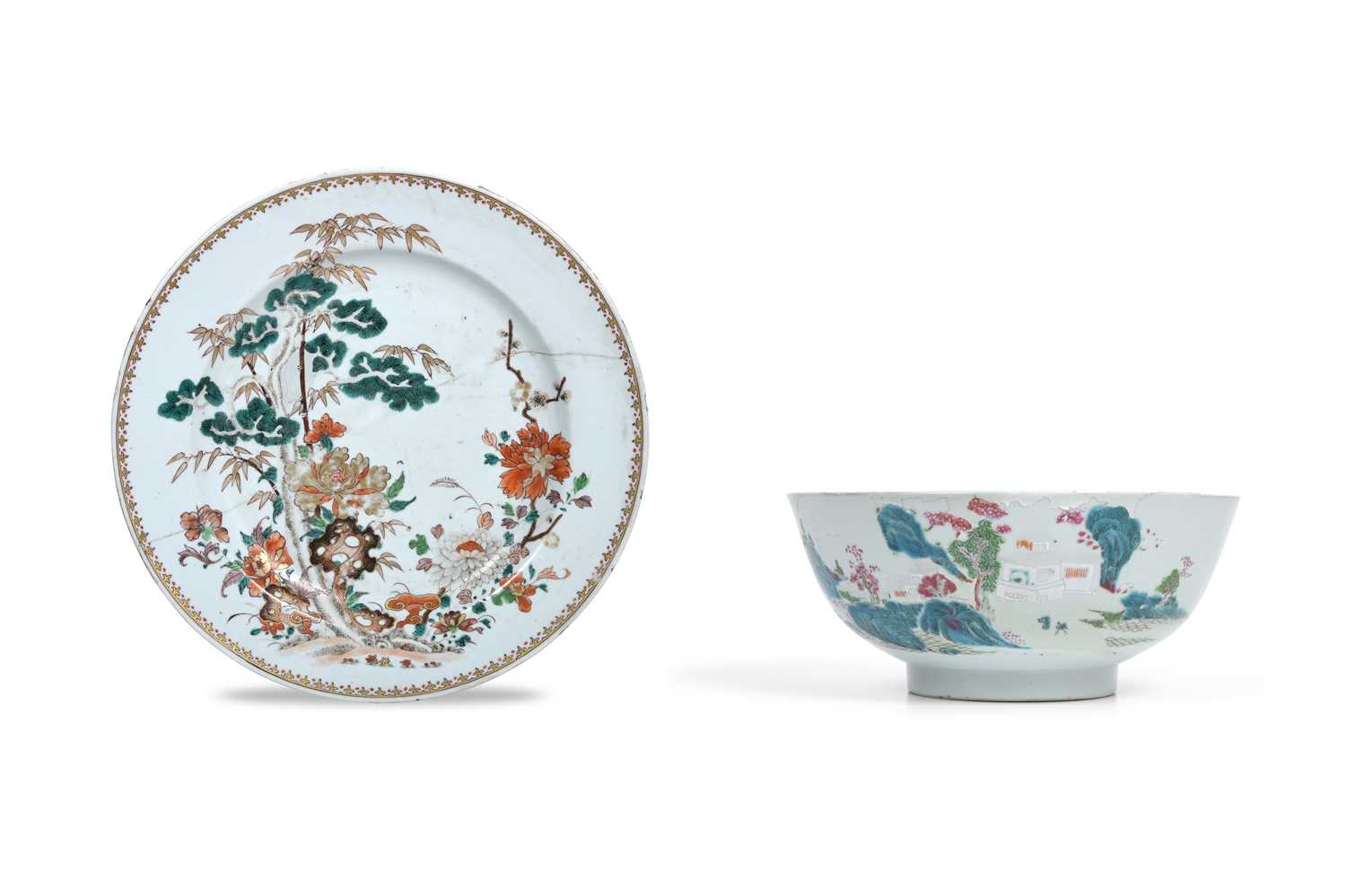 Lot 47 - A CHINESE FAMILLE VERTE 'THREE FRIENDS OF WINTER' CHARGER AND A FAMILLE ROSE 'LANDSCAPE' BOWL
